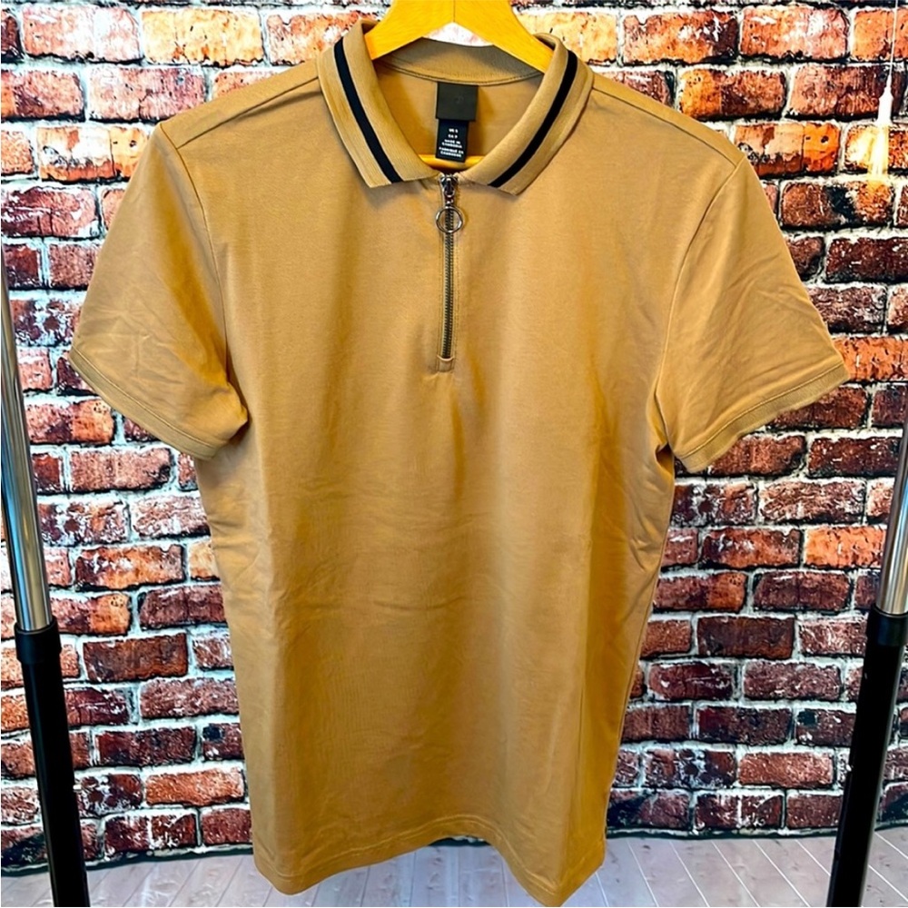 H&M men's brown black stripe polo shirt zipper neck short sleeve small new NWOT